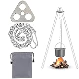 Lagerfeuer Stativ Grillzubehör, Camping Stativ Grillbrett Tragbares Edelstahl Camping Kochgeschirr Zubehör mit verstellbarer Kette zum Aufhängen von Kochgeschirr Camping Outdoor Kochen